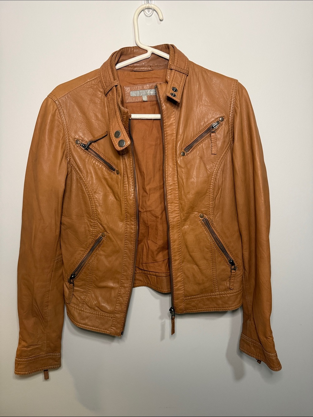 Slim Fit Cognac Leather Moto Jacket - Women